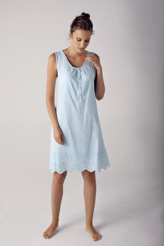 Short-Sleeve Buttoned Lace-Trimmed Woven 100% Cotton Blue Maternity Nightgown Robe Set