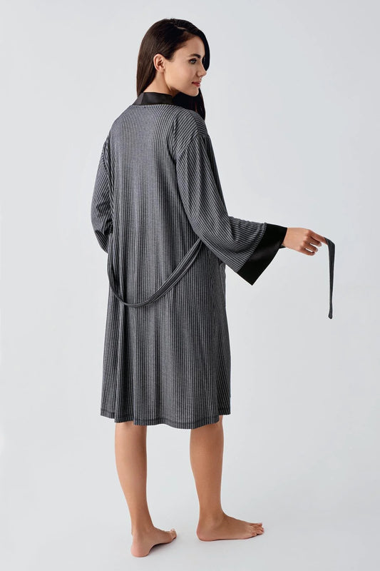 Women's Short Strap Robe & Nightgown Set Black Flexible Viscose