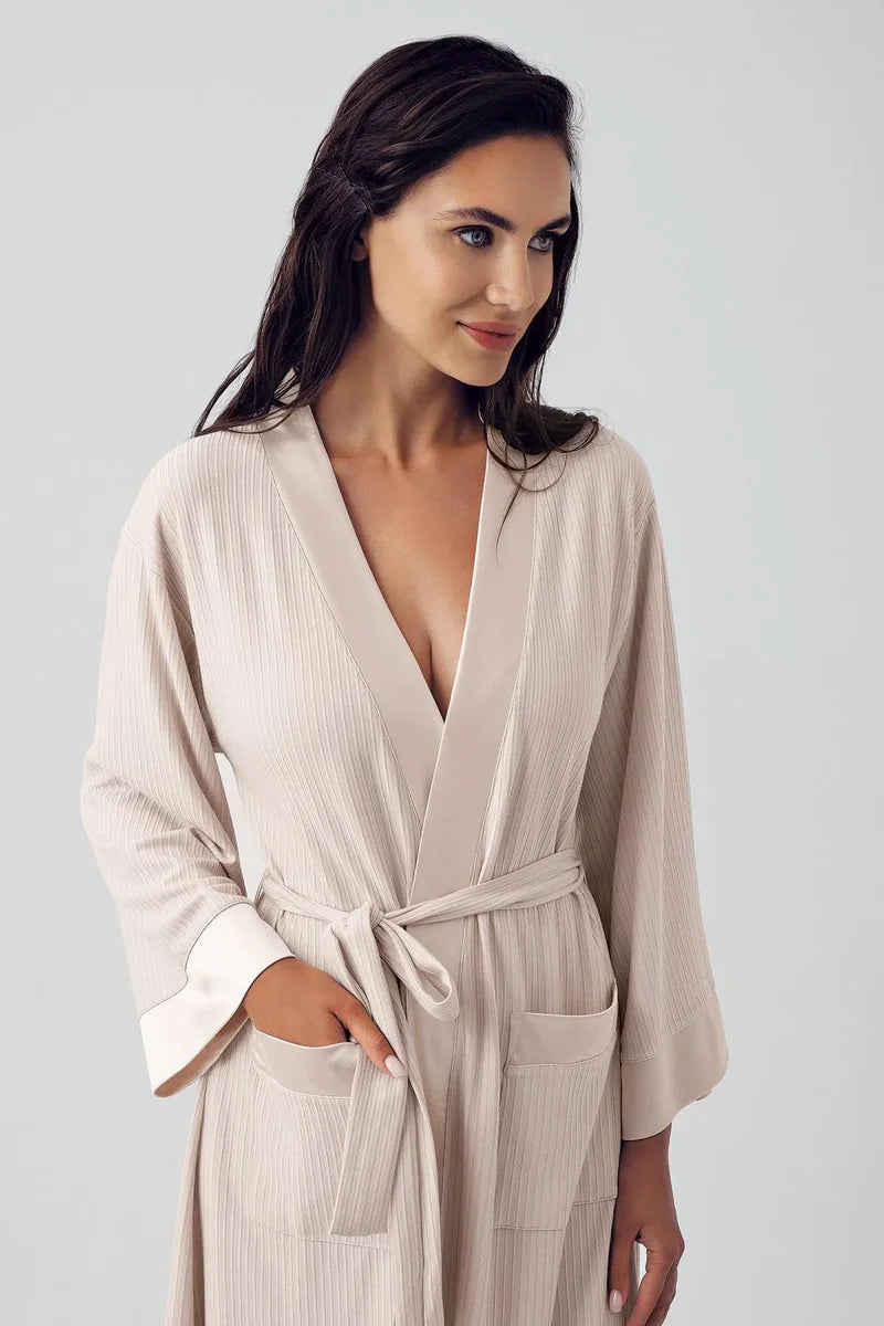 Women's Viscose Short Robe Long-Sleeve Loose Fit Flexible - Beige