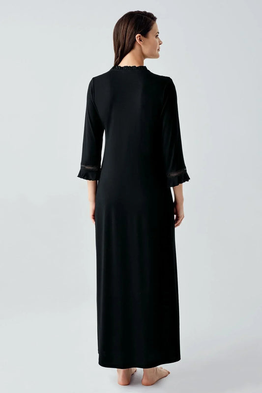 Viscose Lace-Detail Long-Sleeve Nightgown for Women Buttoned Casual Style - Black