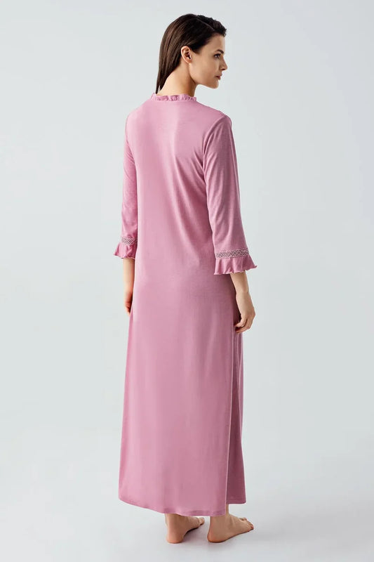 Women's Lace-Detail Buttoned Long-Sleeve Viscose Nightgown - Rose