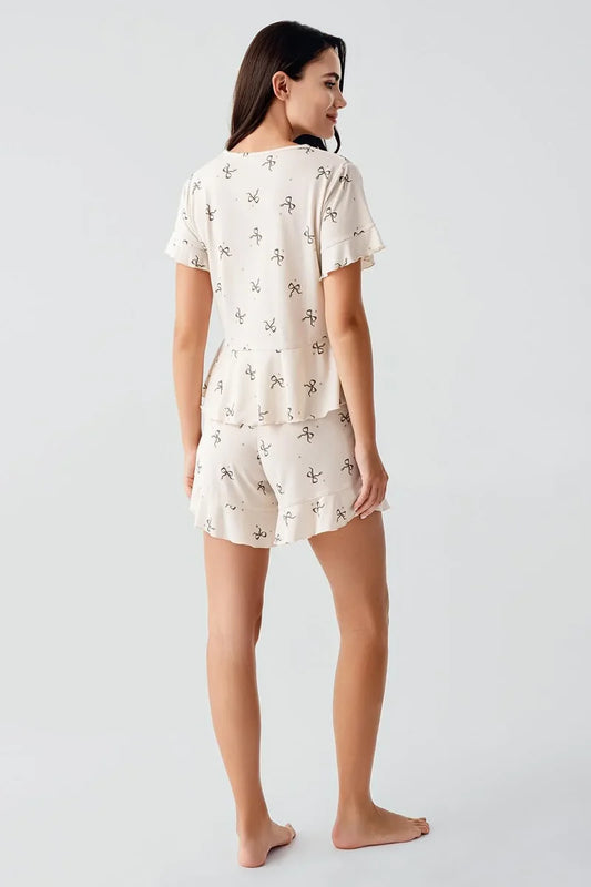 Viscose Bow-Patterned Short-Sleeve Short & Shirt Pajama Set for Women - Beige