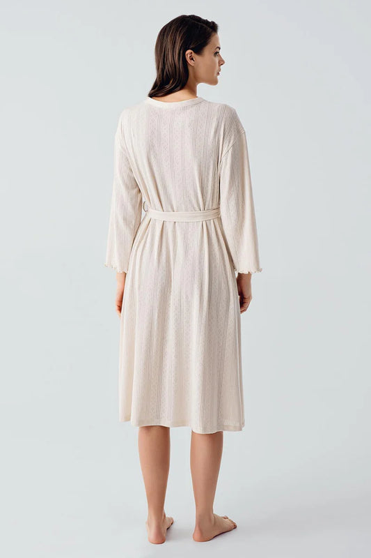 100% Turkish Cotton Crochet-Detail Robe for Women Long-Sleeve - Beige