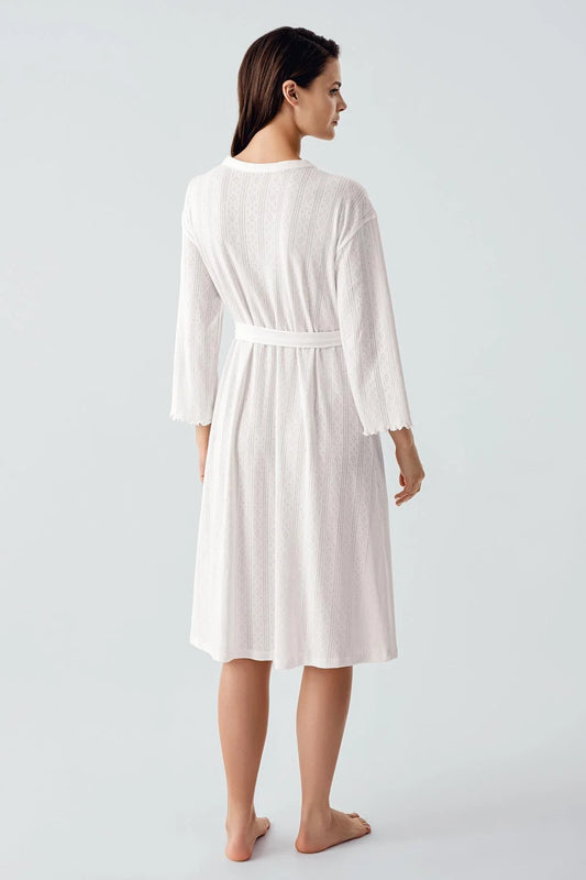 Women's Ecru Long-Sleeve Crochet-Detail 100% Cotton Robe