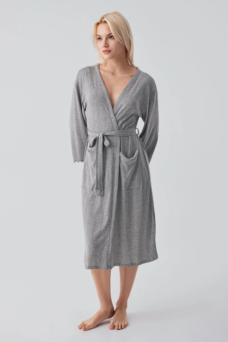 100% Turkish Cotton Crochet-Detail Robe for Women Long-Sleeve - Gray Melange