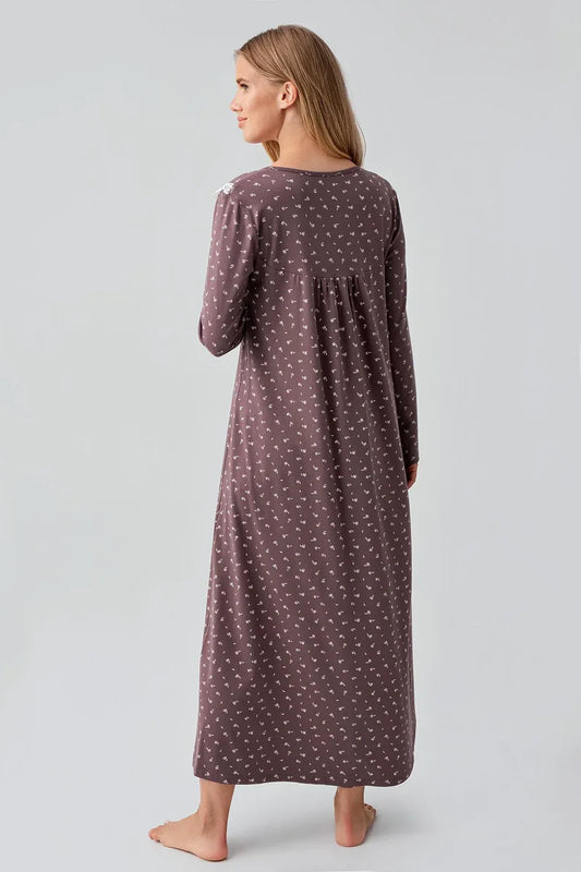 Long Cotton Nightgown for Women Long-Sleeve Patterned Buttoned - Brown