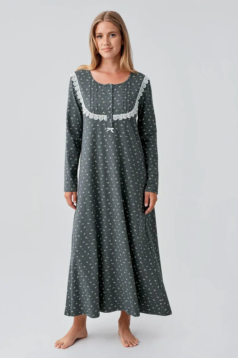 Long Cotton Nightgown for Women Long-Sleeve, Crew-Neck Patterned Buttoned Comfortable - Green