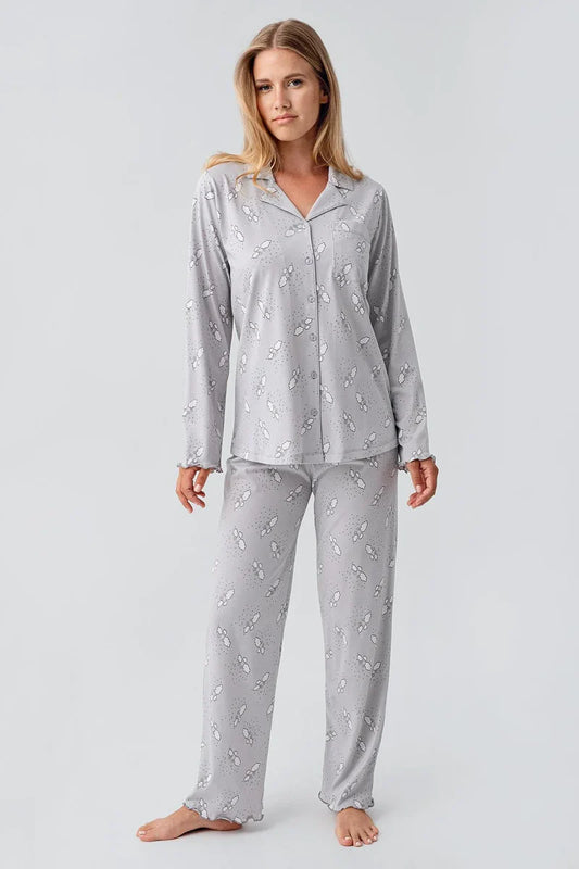 100% Cotton Long-Sleeve Patterned Buttoned Maternity Pajama Set for Women - Gray