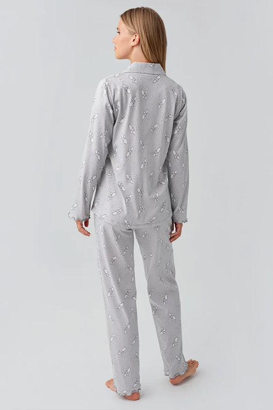 Long-Sleeve Patterned Buttoned Flexible Gray Cotton Maternity Pajama Set