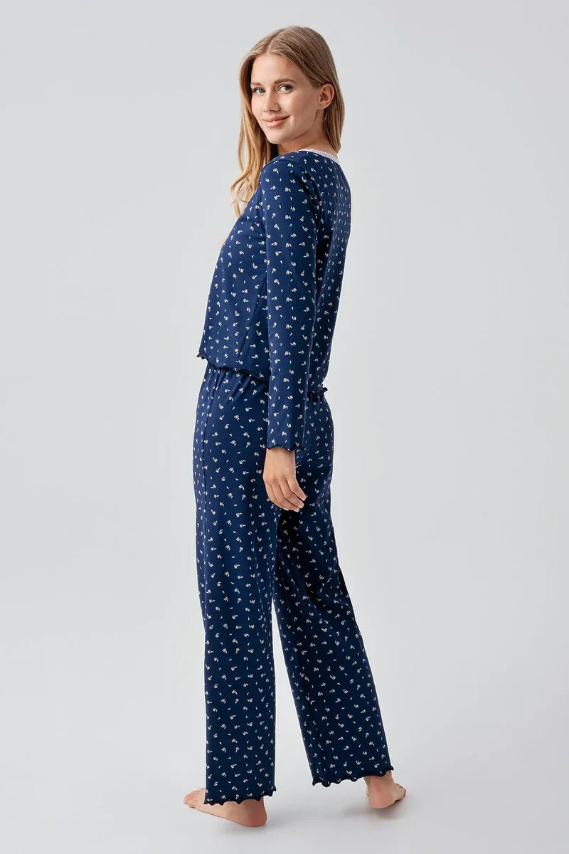 Women's Navy Blue Long-Sleeve Patterned Buttoned Flexible Cotton Pajama Set