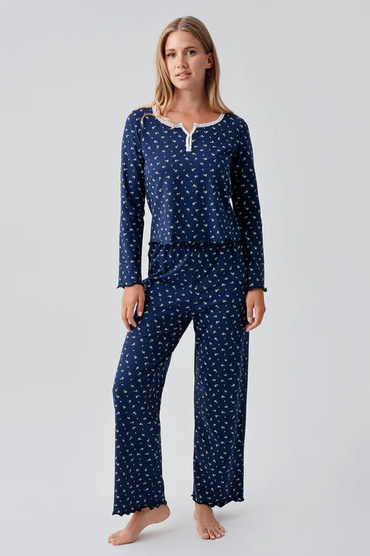 Women's Navy Blue Long-Sleeve Patterned Buttoned Flexible Cotton Pajama Set