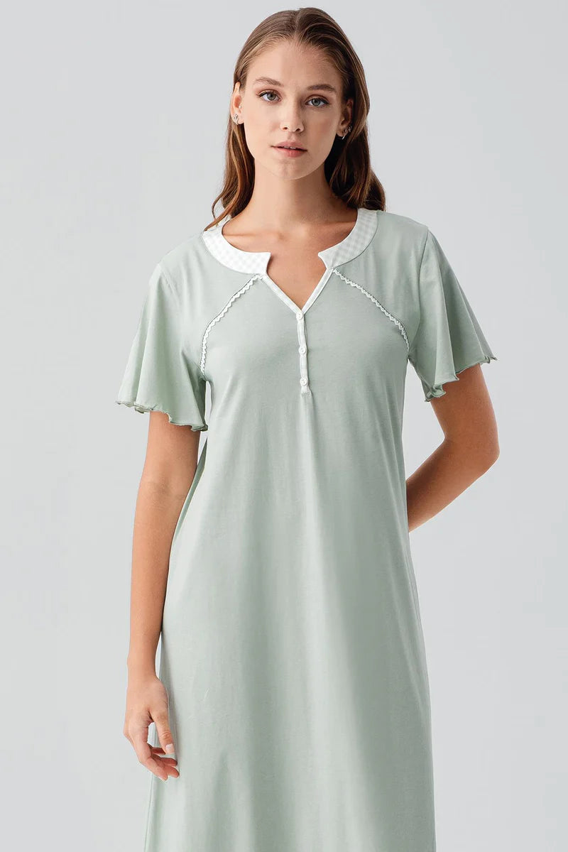 Women's Green Short-Sleeve Buttoned Long 100% Cotton Nightgown
