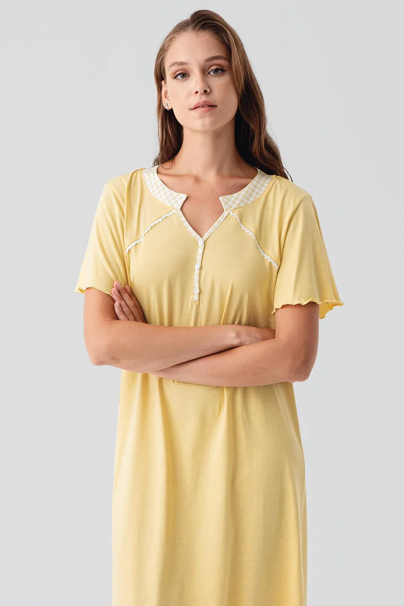 Women's 100% Cotton Nightgown Yellow Short-Sleeve Buttoned Long