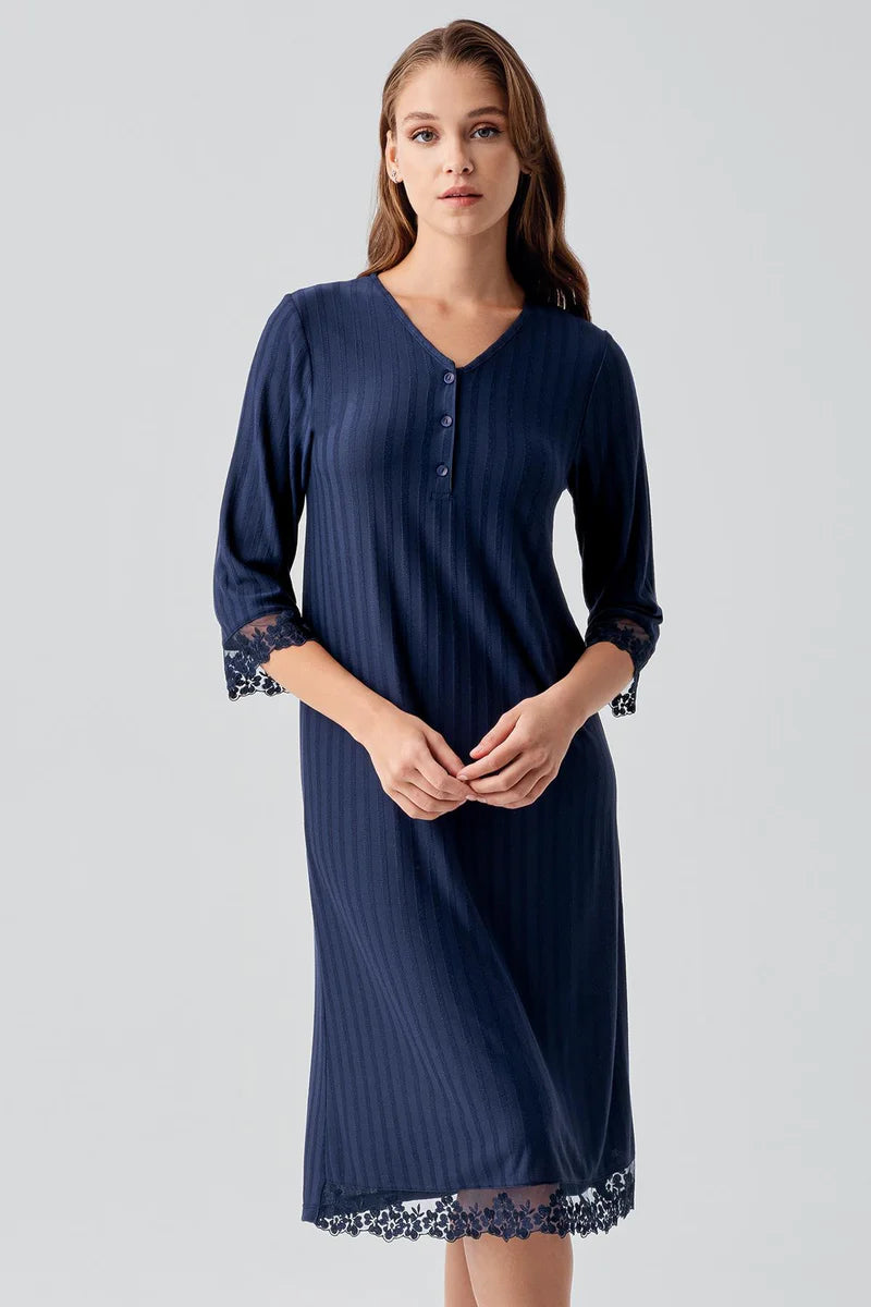 Viscose Nightgown for Women Navy Blue Long-Sleeve Lace-Detail Buttoned Flexible