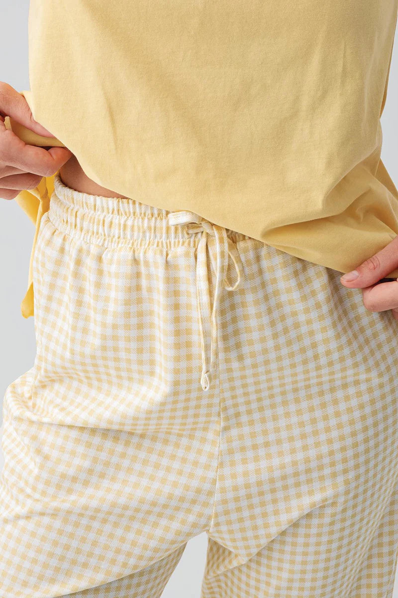 100% Cotton Capri Pajama Set for Women Yellow Short-Sleeve Gingham Check Pattern