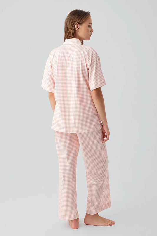 100% Cotton Women's Pajama Set Pink Short-Sleeve Buttoned Pocket Gingham Check Pattern