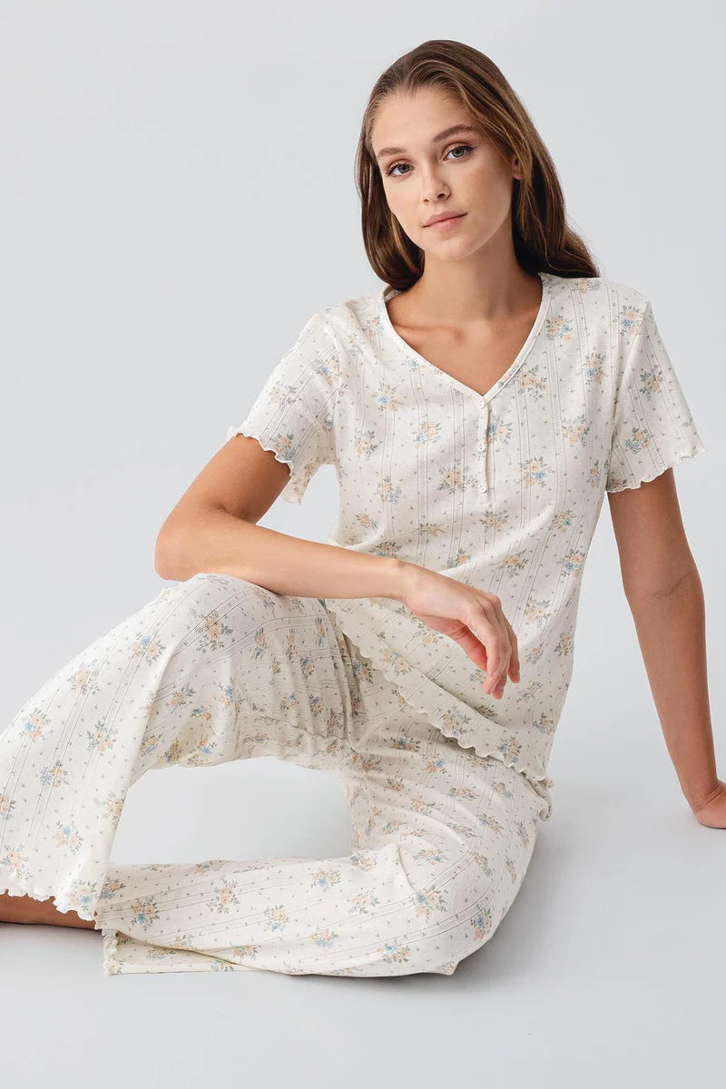 100% Cotton Pajama Set Crochet-Detail Short-Sleeve Floral Pattern Buttoned - Ecru
