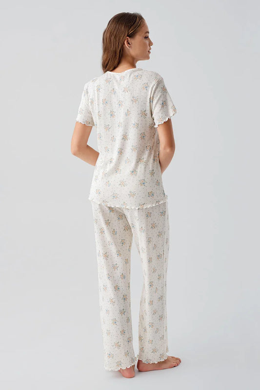 100% Cotton Pajama Set Crochet-Detail Short-Sleeve Floral Pattern Buttoned - Ecru