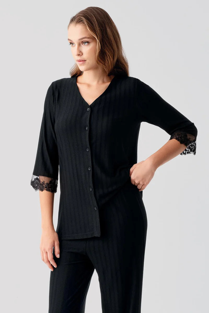 Lace-Detail Pajama Set for Women Long-Sleeve Buttoned Flexible Viscose - Black