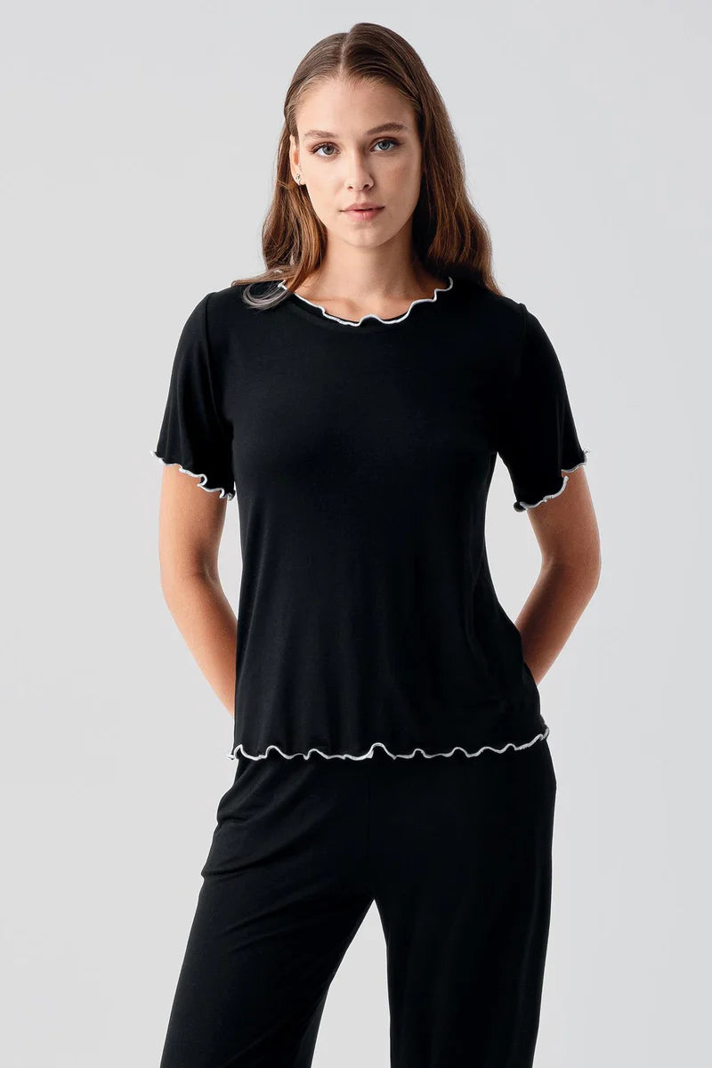 Women's Viscose Pajama Set Ruffle-Detail Short-Sleeve Comfortable Black