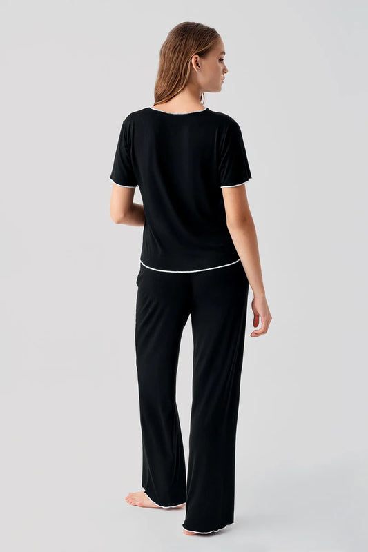 Women's Viscose Pajama Set Short-Sleeve Bow-Detail - Black