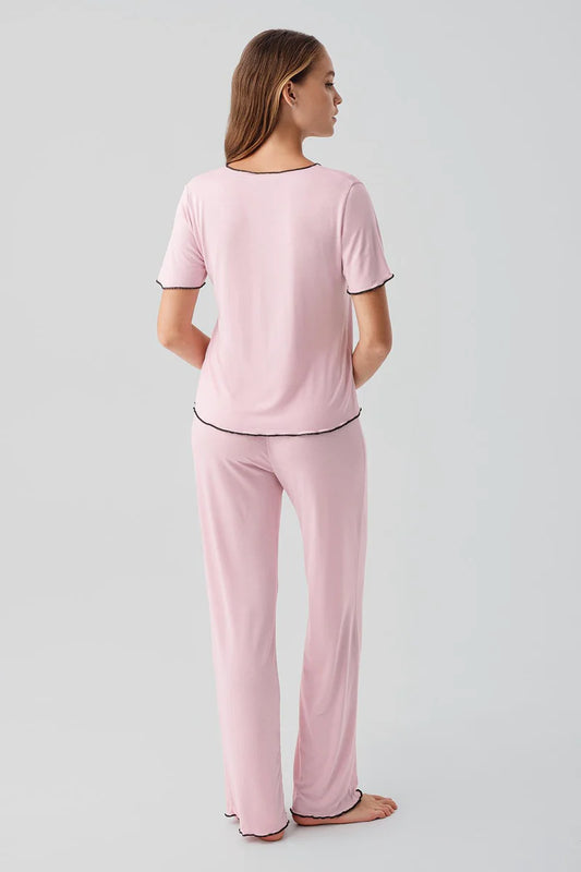Women's Pajama Set Short-Sleeve Bow-Detail Viscose - Pink