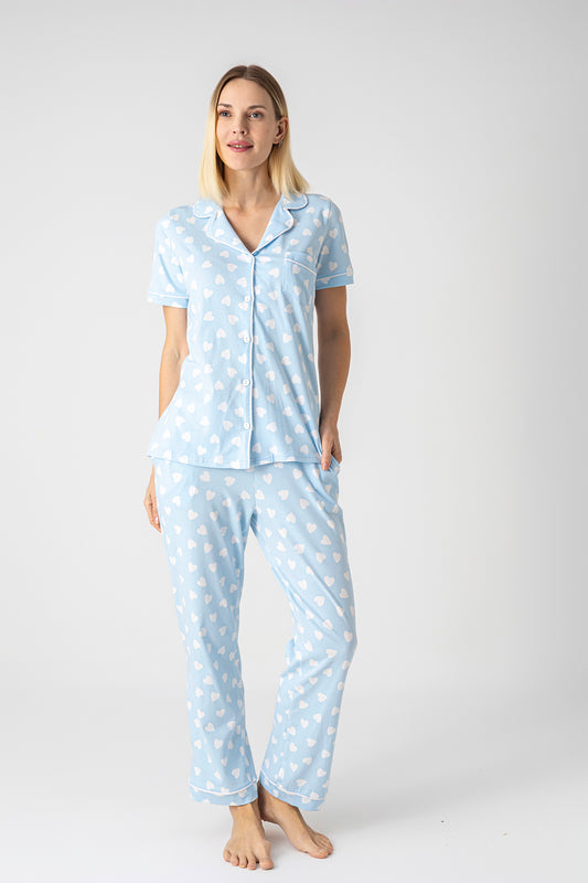 Heart Print Short Sleeve Pajama Set – Soft Viscose Button-Up Sleepwear for Women - Light Blue