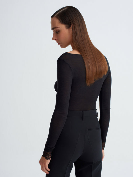 Women’s Black Lace Trim Micro Modal & Cashmere Blend Blouse – Soft Stretch Long Sleeve Top
