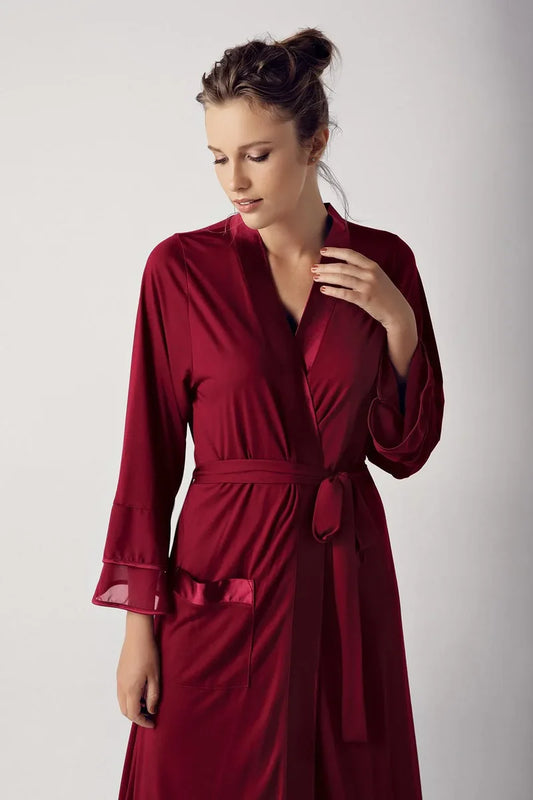 Women's Burgundy Long Chiffon Satin-Detail Long-Sleeve Viscose Robe