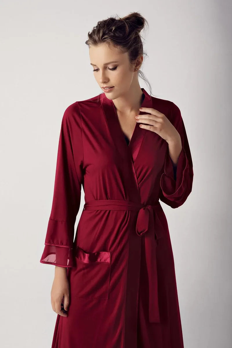Women's Burgundy Long Chiffon Satin-Detail Long-Sleeve Viscose Robe