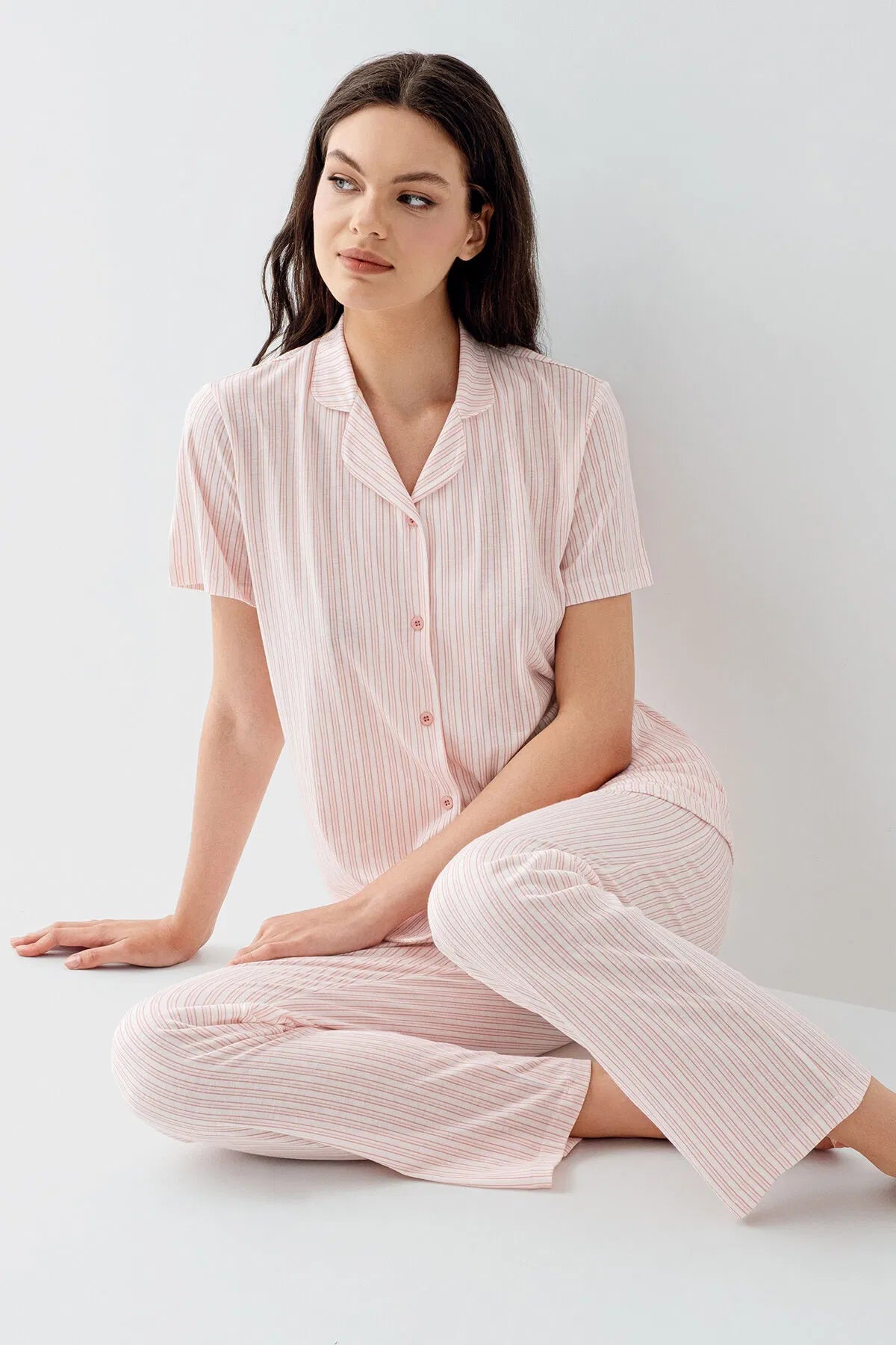 Short Sleeve Cotton Modal Shirt & Pants Pajama Set for Women - Pink