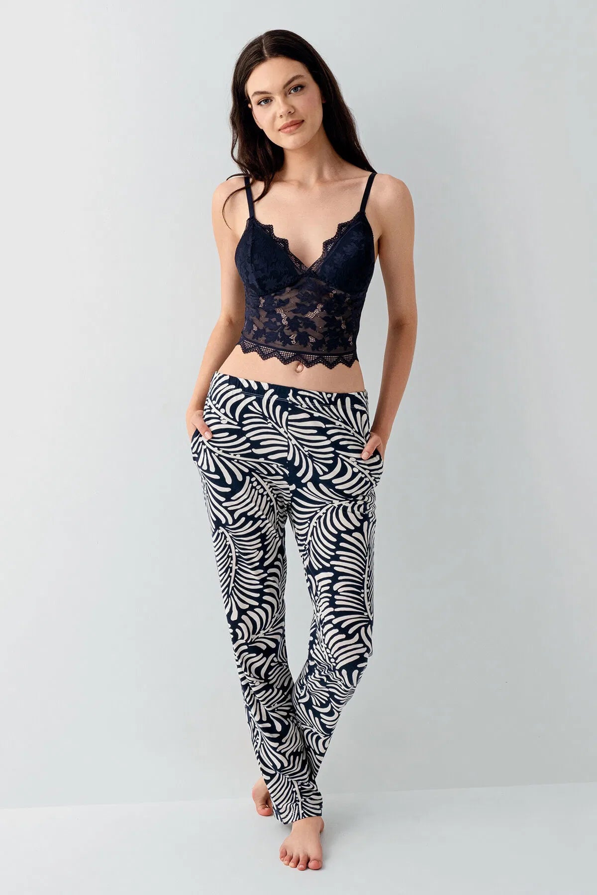 Long Sleeve Cotton Modal 3-Piece Crop Top Pajama Set for Women - Navy Blue