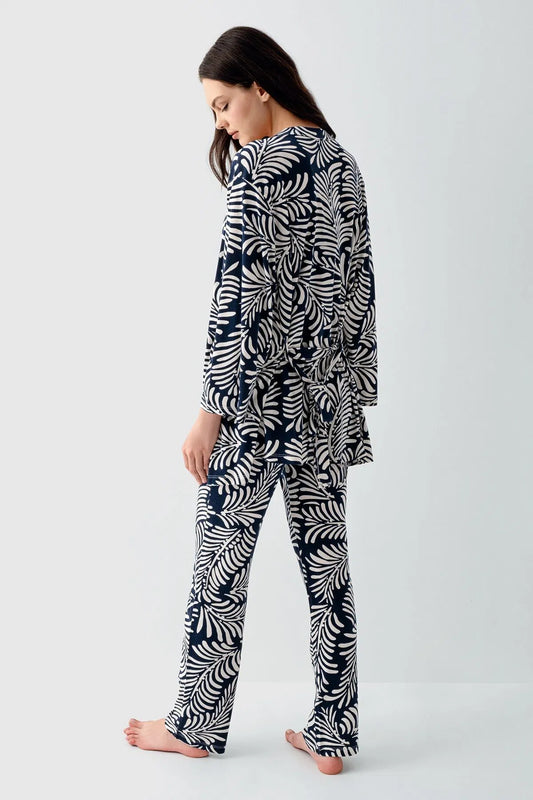 Long Sleeve Cotton Modal 3-Piece Crop Top Pajama Set for Women - Navy Blue