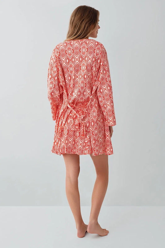 Cotton Modal Long Sleeve Crop Top 3- Piece Robe Set for Women - Red