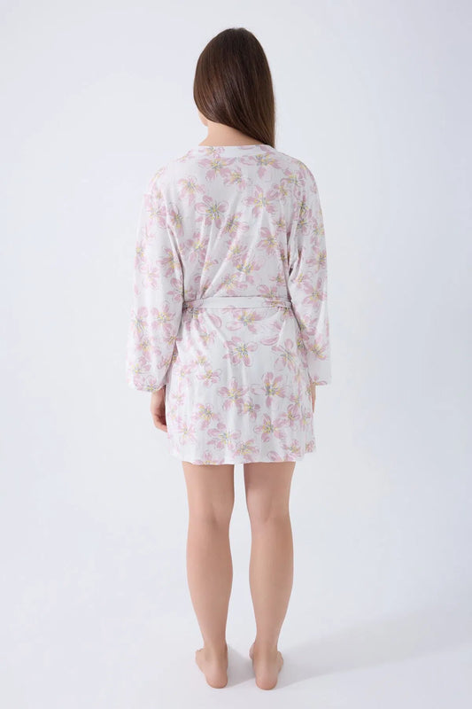 Cotton Modal Long Sleeve 3-Piece Crop Top Robe Set for Women - Pink