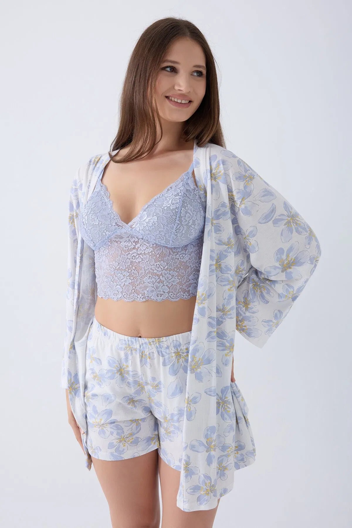 Cotton Modal Long Sleeve 3-Piece Crop Top Robe Set for Women - Blue