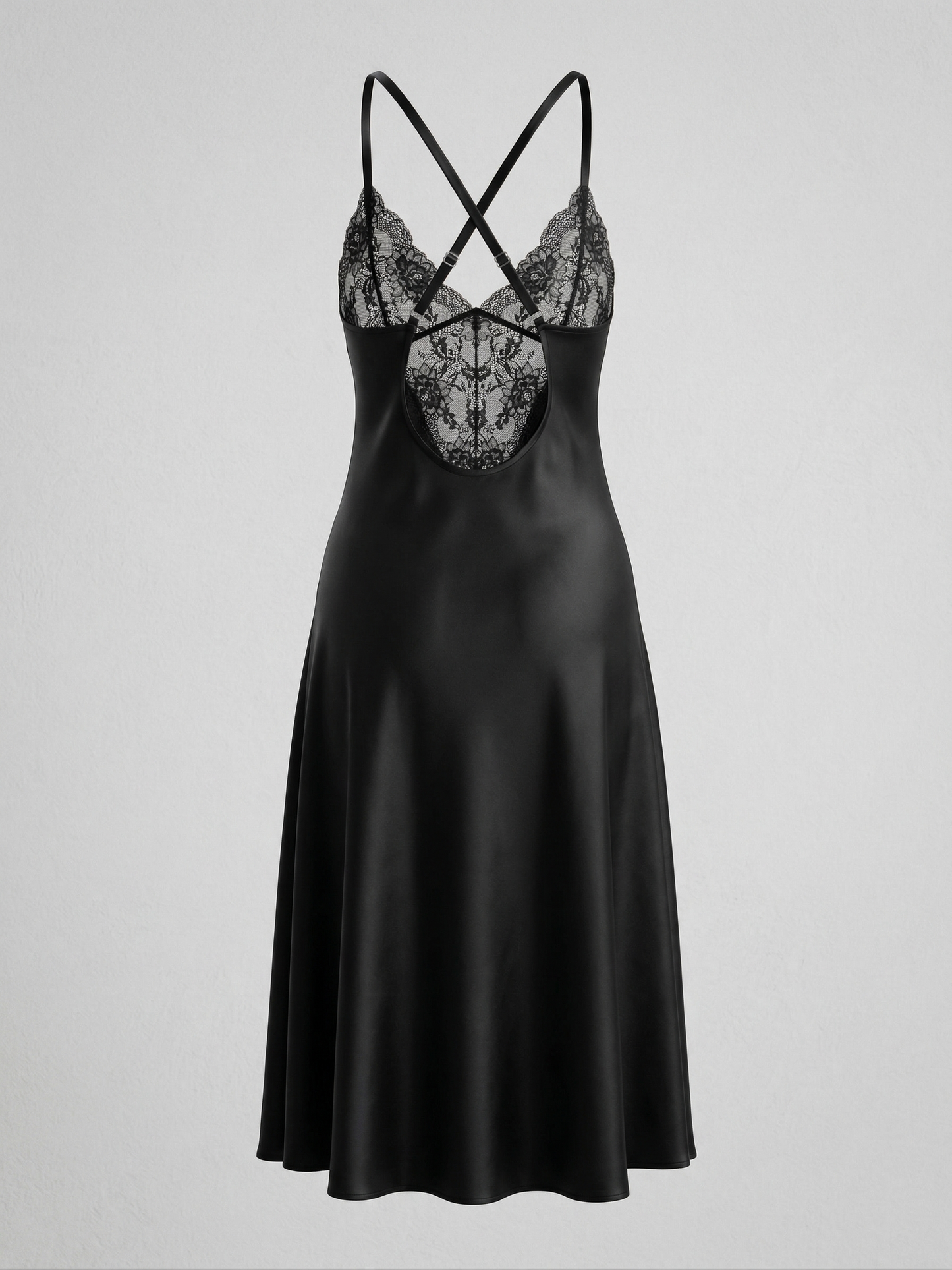 Women's Black Spaghetti Strap Maxi Satin Nightgown With High Slit