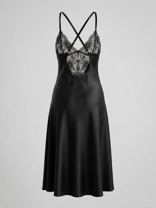 Women's Black Spaghetti Strap Maxi Satin Nightgown With High Slit