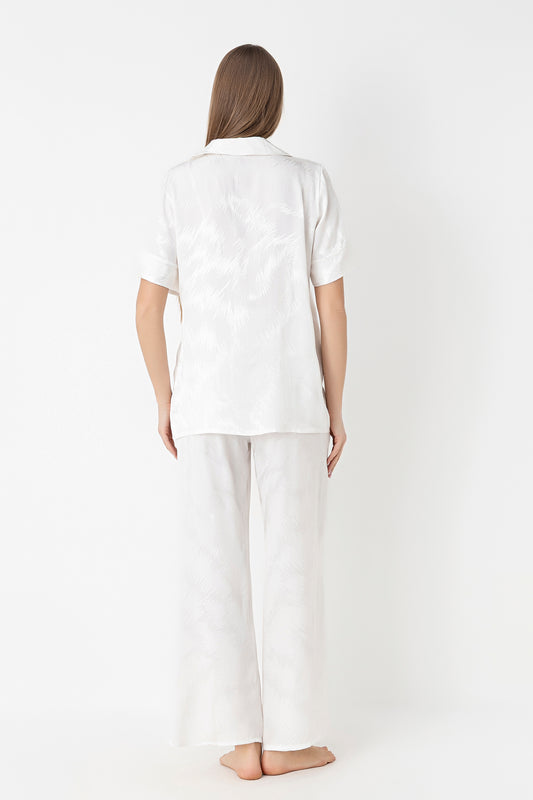 Women's Woven Satin Wide-Leg Ecru Pajama Set