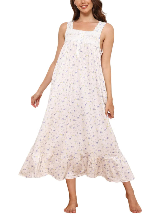 Womens Nightgown Sleepwear Soft Cotton Sleeveless Full Long Sleep Dress with Pockets (Lilac RoseL)