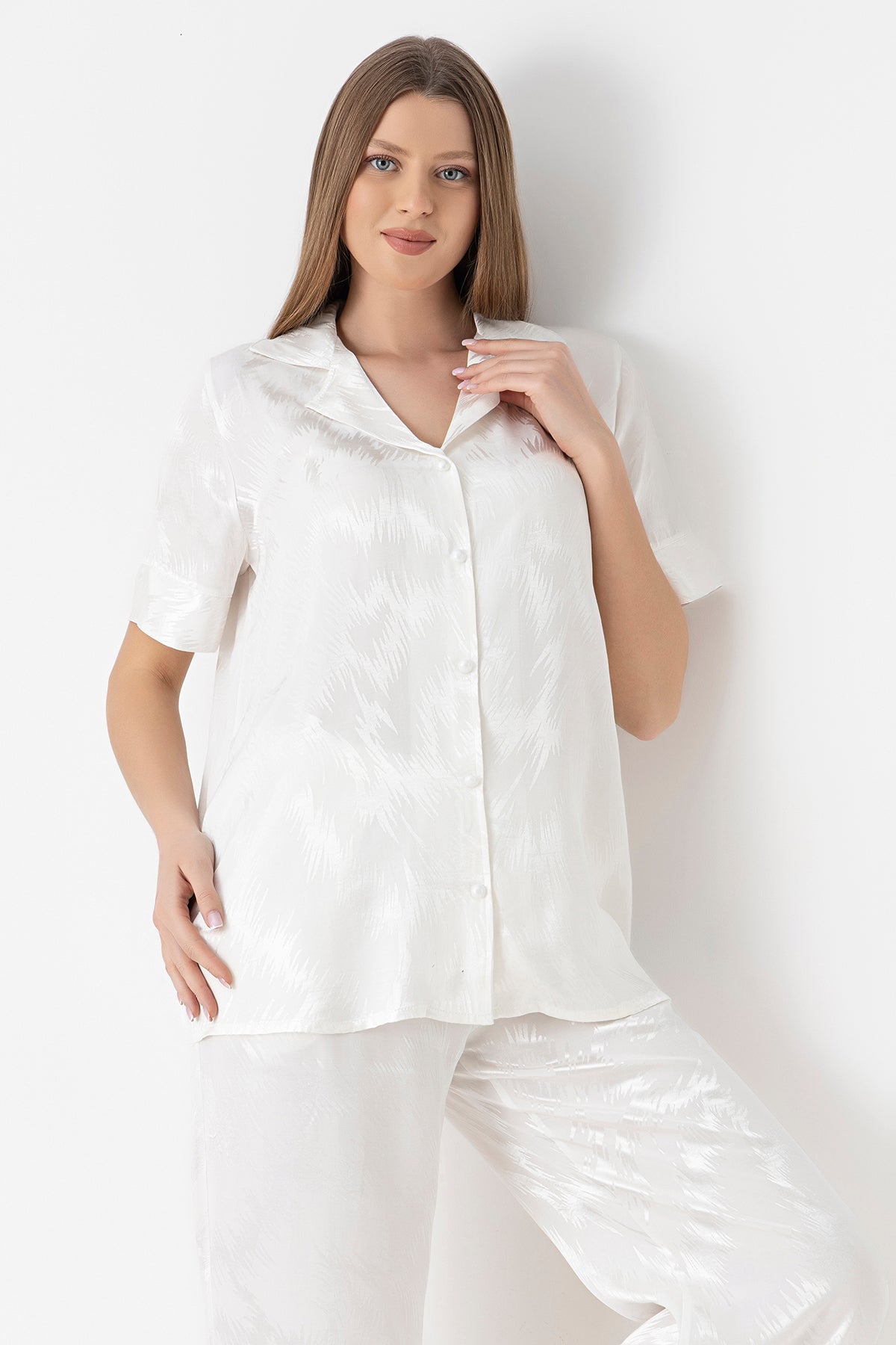 Women's Woven Satin Wide-Leg Ecru Pajama Set