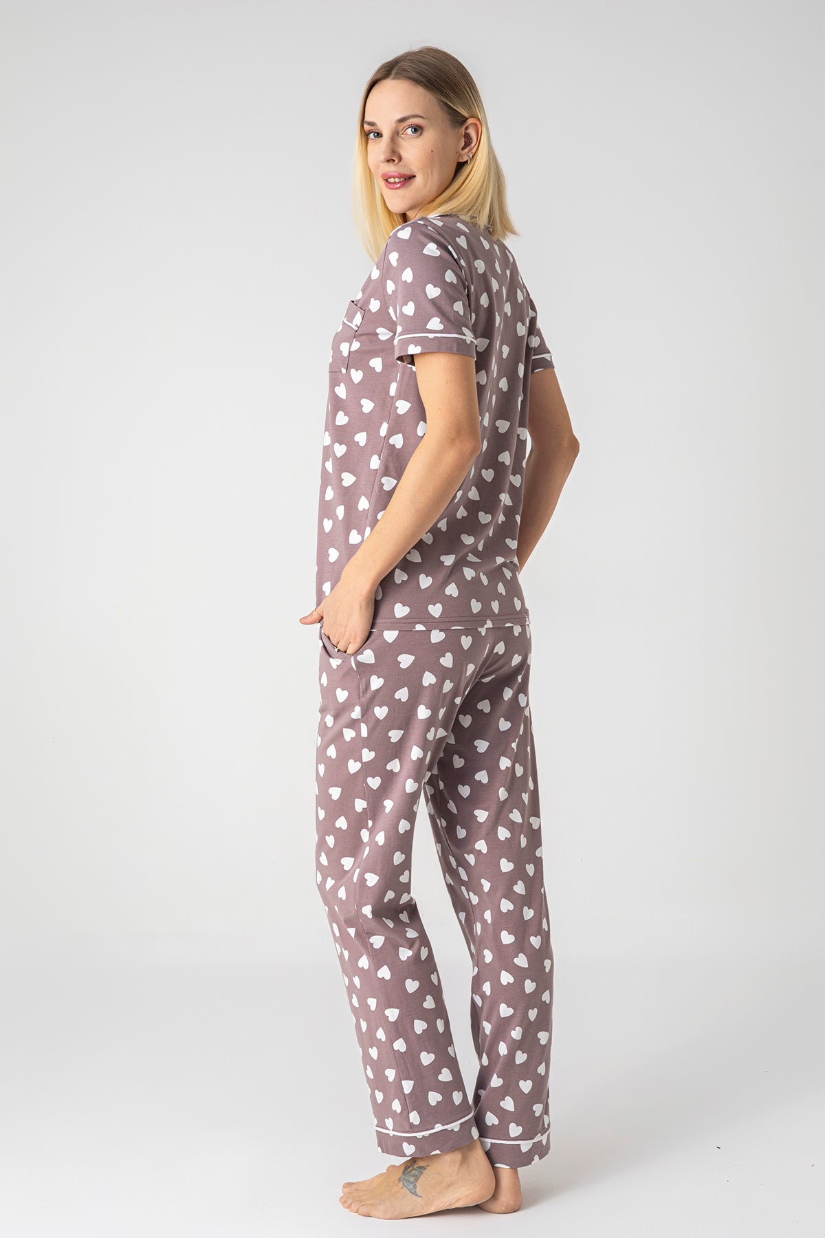 Women’s 100% Cotton Heart Print Brown Pajama Set – Soft Button-Up Short Sleeve Lounge Sleepwear