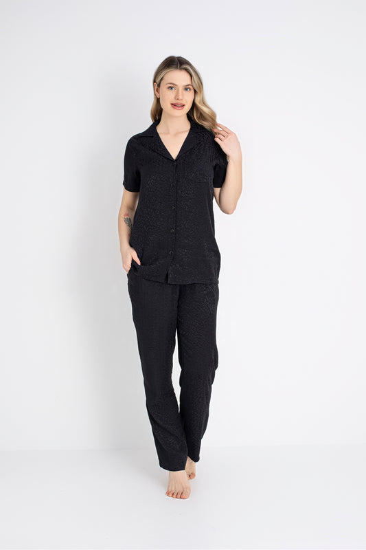 Women’s Short-Sleeve Button-Front Black Leopard Print Pajama Set – 100% Viscose