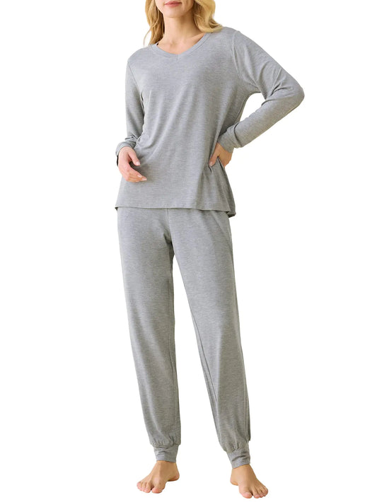 Womens Viscose Long Sleeves Top Jogger Pajamas Set 3X Light Gray