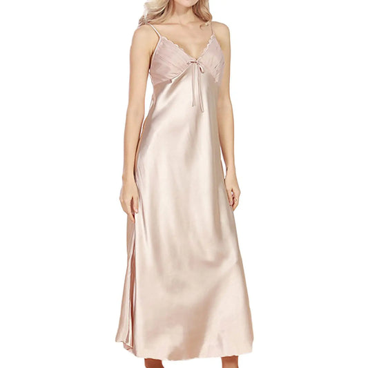 Womens Sexy Satin Long Nightgown Lace Slip Lingerie Chemise Robes Camel