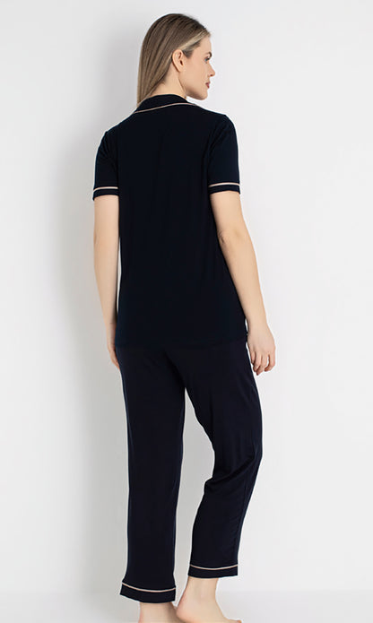 Women’s Navy Blue Cotton Pajama Set – Button-Front Short Sleeve Soft 100% Cotton Sleepwear