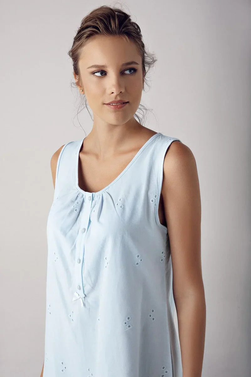 Short-Sleeve Buttoned Lace-Trimmed Woven 100% Cotton Blue Maternity Nightgown Robe Set