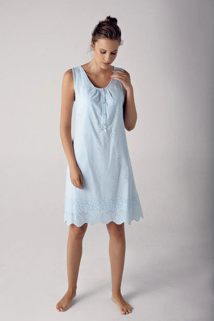 Short-Sleeve Buttoned Lace-Trimmed Woven 100% Cotton Blue Maternity Nightgown Robe Set