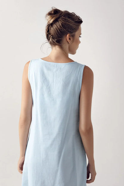 Short-Sleeve Buttoned Lace-Trimmed Woven 100% Cotton Blue Maternity Nightgown Robe Set