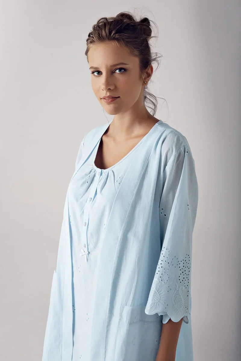 Short-Sleeve Buttoned Lace-Trimmed Woven 100% Cotton Blue Maternity Nightgown Robe Set